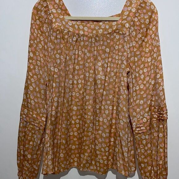Lauren Conrad Women's Floral Tan Square Neck Peasant Blouse Top Size Large NWT - Picture 3 of 11